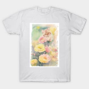 Soft color Striped Yellow cat in the Flower Garden T-Shirt